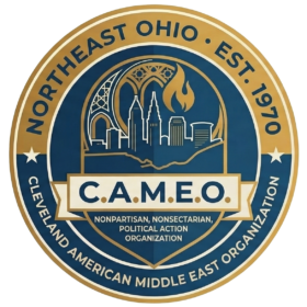 Logo of C.A.M.E.O. (Cleveland American Middle East Organization) featuring the Cleveland skyline, a flame, and decorative arches within a circular gold and blue seal.